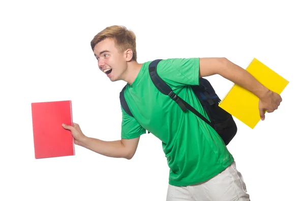 Studente con libri di testo isolati sul bianco — Foto Stock