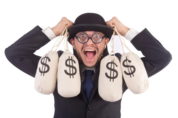 Muž s pytli peněz izolovaných na bílém — Stock fotografie