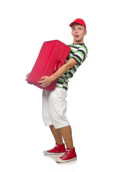 Забавна людина з валізою ізольована на білому — стокове фото
