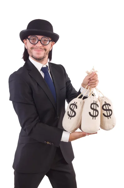 Homme avec des sacs d'argent isolé sur blanc — Photo