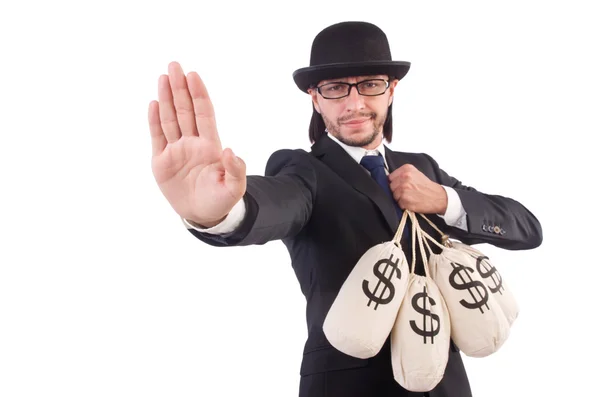 Man with sacks of money isolated on white — Stock Photo, Image