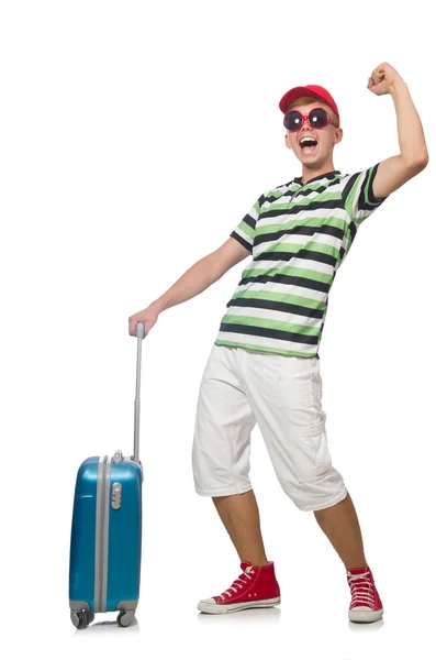 Funny man with suitcase isolated on white — Stock Photo, Image