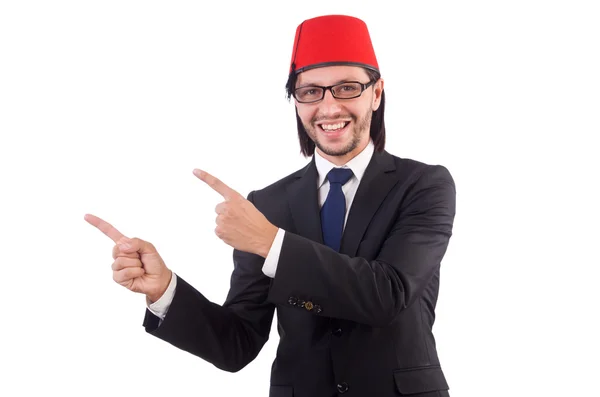 Zakenman draagt fez hoed geïsoleerd op wit — Stockfoto