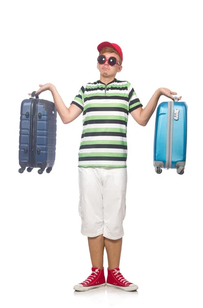 Homme drôle avec valise isolée sur blanc — Photo