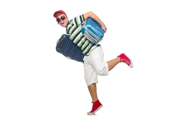 Смешной человек с чемоданом, изолированным на белом — стоковое фото