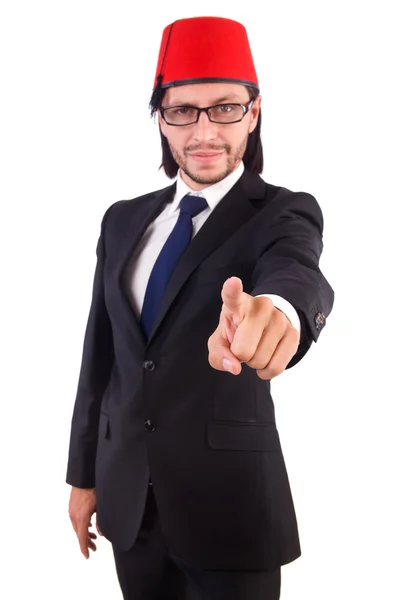 Businessman wearing fez hat isolated on white — Stock Photo, Image