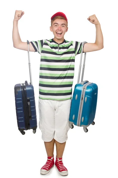 Homme drôle avec valise isolée sur blanc — Photo