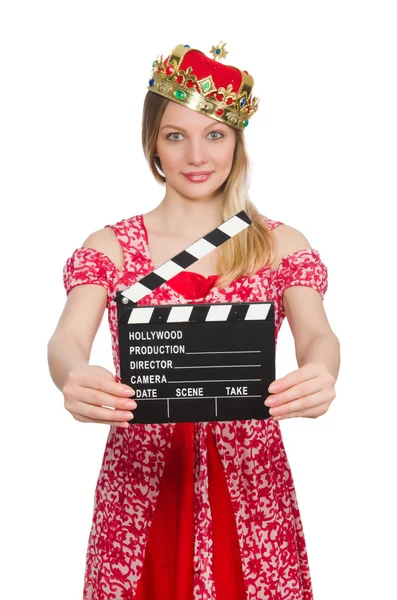 Vrouw met kroon en filmbord — Stockfoto