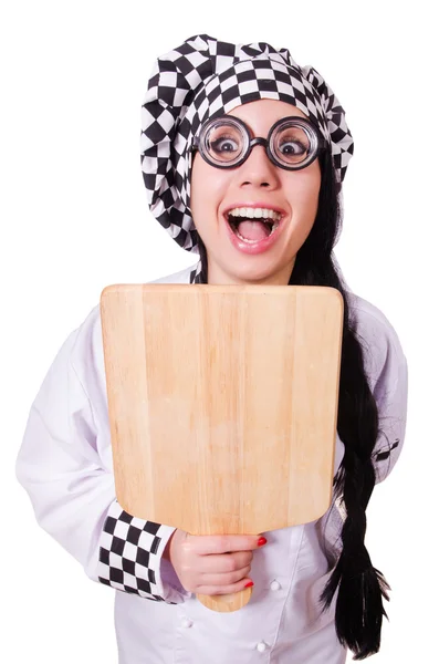 Mulher cozinheiro isolado no fundo branco — Fotografia de Stock