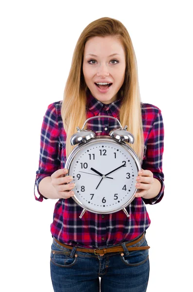 Woman with clock isolated on white — Stock Photo, Image