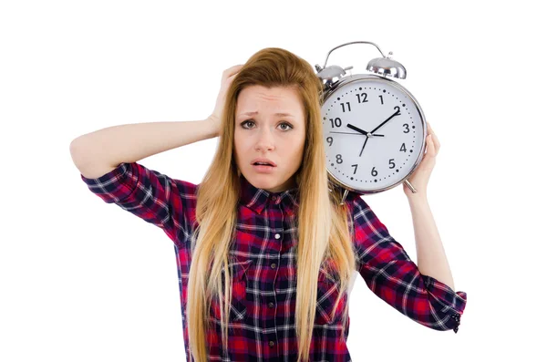 Femme avec horloge isolée sur blanc — Photo