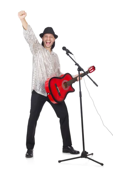 Man playing guitar and singing isolated on white — Stock Photo, Image