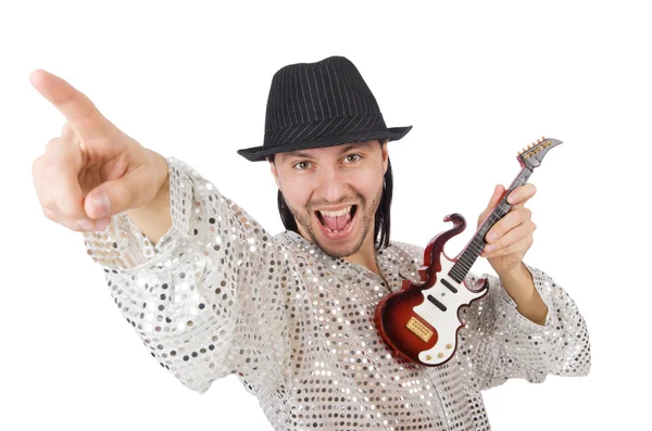Człowiek z małą gitarą w zabawnej koncepcji muzycznej — Zdjęcie stockowe