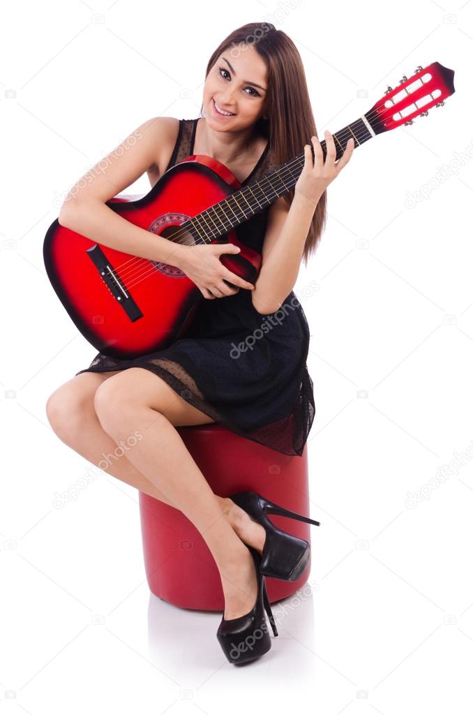 Woman guitar player isolated on the white