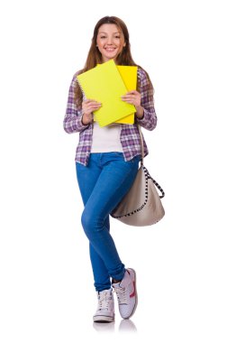 Kitapları olan genç bir öğrenci beyazlara izole edilmiş.