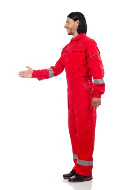 Sanayi işçisi beyaz arka planda izole edilmiş.