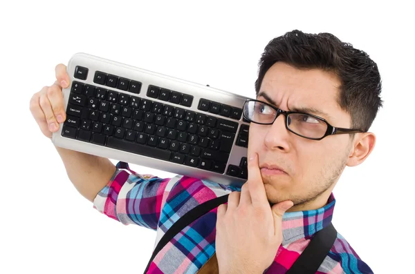 Computer nerd met toetsenbord geïsoleerd op wit — Stockfoto