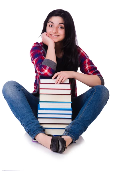 Jovem estudante com livros isolados em branco — Fotografia de Stock