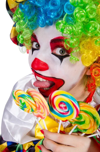 Clown with lollipop isolated on white — Stock Photo, Image