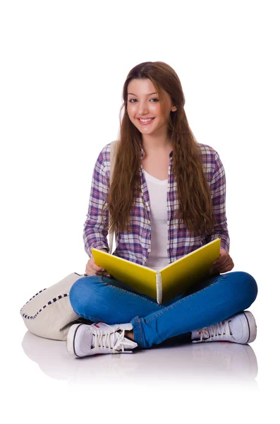 Joven estudiante con libros aislados en el blanco — Foto de Stock