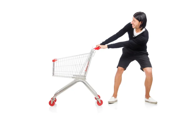 Hombre de compras con carrito cesta de supermercado aislado en blanco — Foto de Stock