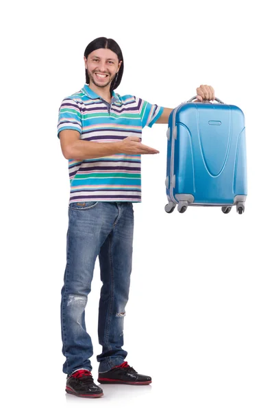 白いスーツケースと一緒に旅行する若い男 — ストック写真