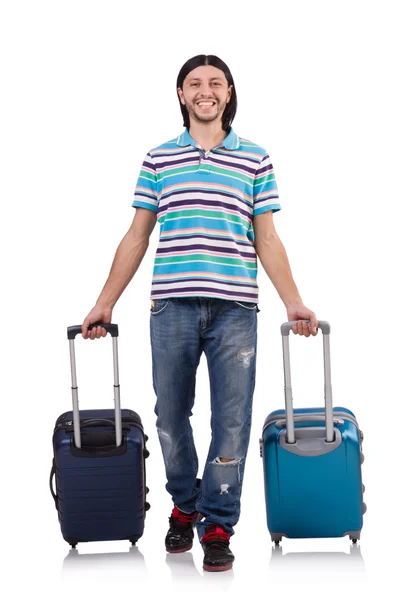 Jongeman reist met koffers geïsoleerd op wit — Stockfoto