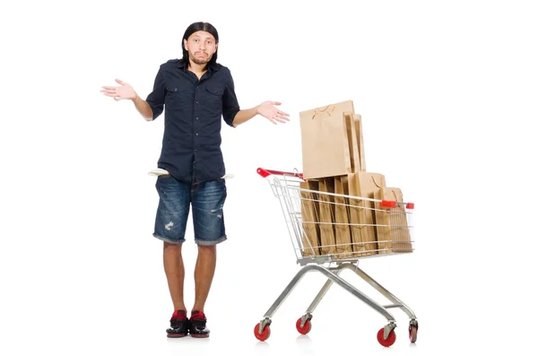 Homem de compras com carrinho de cesta de supermercado isolado em branco — Fotografia de Stock