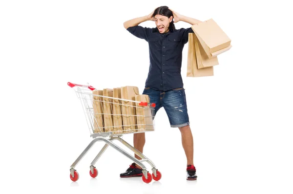 Homem de compras com carrinho de cesta de supermercado isolado em branco — Fotografia de Stock