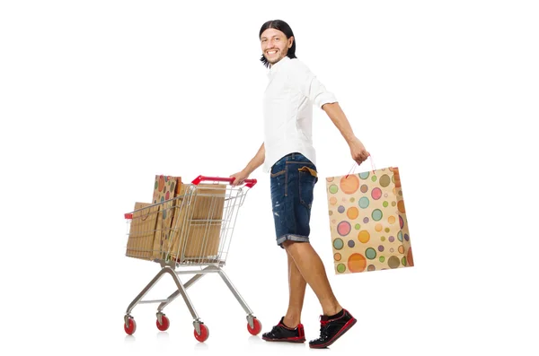 Uomo shopping con carrello supermercato isolato su bianco — Foto Stock