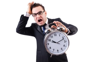 Alarmlı saati olan adam beyazda izole edilmiş.