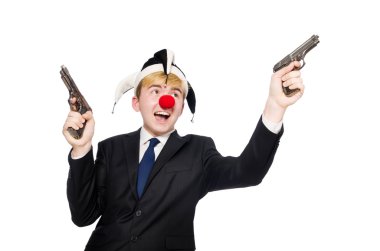 Komik bir konseptte iş adamı soytarısı beyazda izole edilmiş.