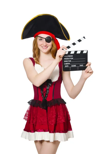 Woman pirate with movie board — Stock Photo, Image