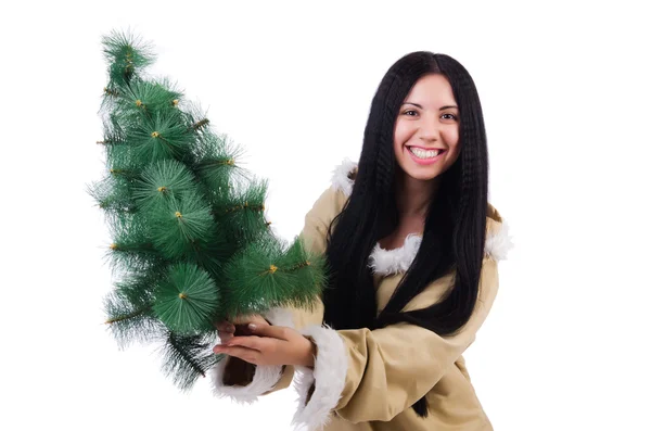 Nordfrau mit Weihnachtsbaum isoliert auf weißem Grund — Stockfoto