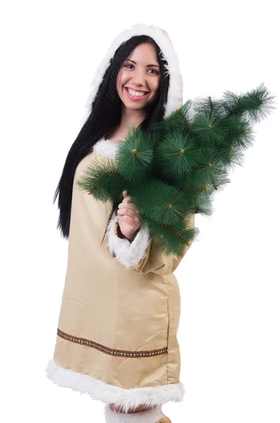 Donna del nord con albero di Natale isolato su bianco — Foto Stock