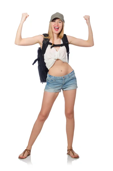 Mulher com mochila isolada em branco — Fotografia de Stock