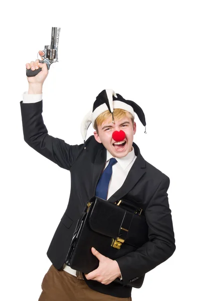Homme d'affaires clown dans drôle concept isolé sur blanc — Photo