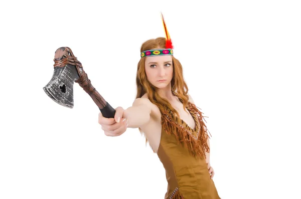 Indian woman with axes on white — Stock Photo, Image