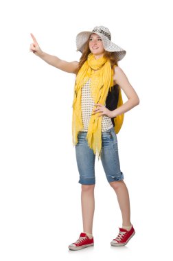 Sırt çantalı genç bir öğrenci beyaza izole edilmiş.