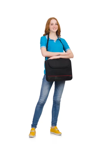 Woman with backpack isolated on white — Stock Photo, Image