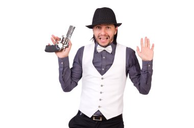 Silahlı bir adam beyazın üzerinde izole edilmiş.