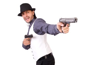 Silahlı bir adam beyazın üzerinde izole edilmiş.