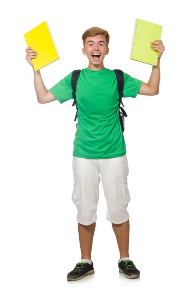 Leerling met leerboeken geïsoleerd op het wit — Stockfoto