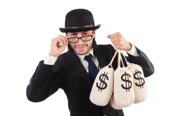 Homem com sacos de dinheiro isolado em branco — Fotografia de Stock