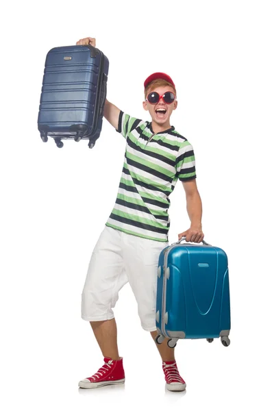 Funny man with suitcase isolated on white — Stock Photo, Image