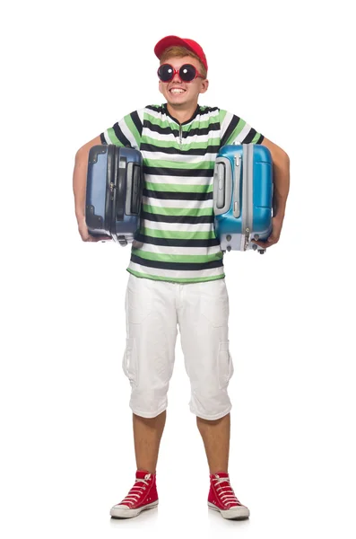 Rolig man med resväska isolerad på vitt — Stockfoto