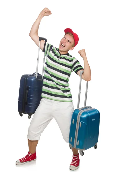 Hombre divertido con maleta aislada en blanco —  Fotos de Stock