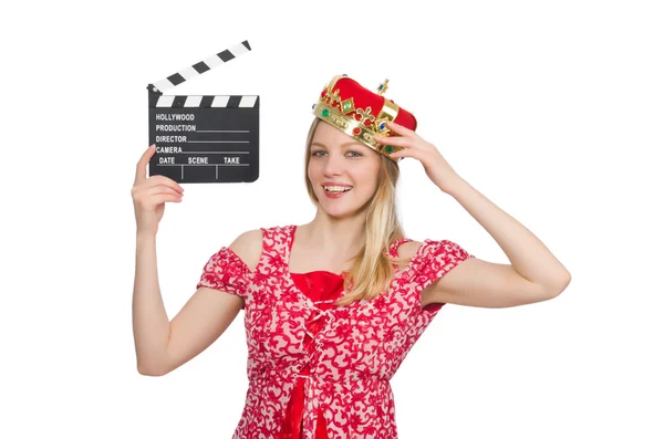 Woman with crown and movie board — Stock Photo, Image
