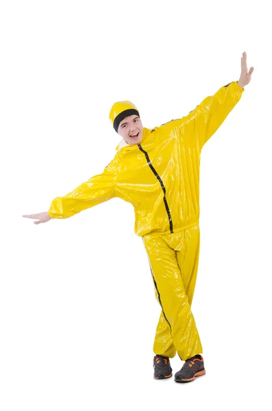 Muž ve žlutém obleku izolovaný na bílém — Stock fotografie