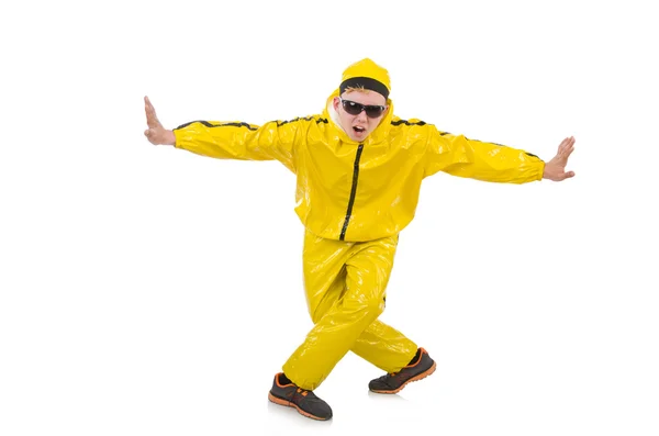 Hombre en traje amarillo aislado en blanco — Foto de Stock